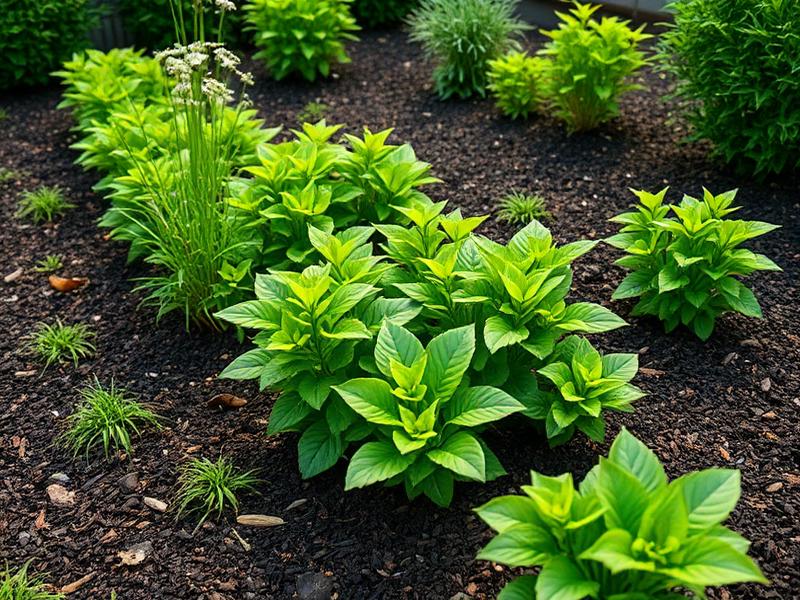 Mulched planting bed around a residential walkway