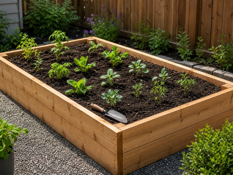 Raised garden bed filled with soil for planting